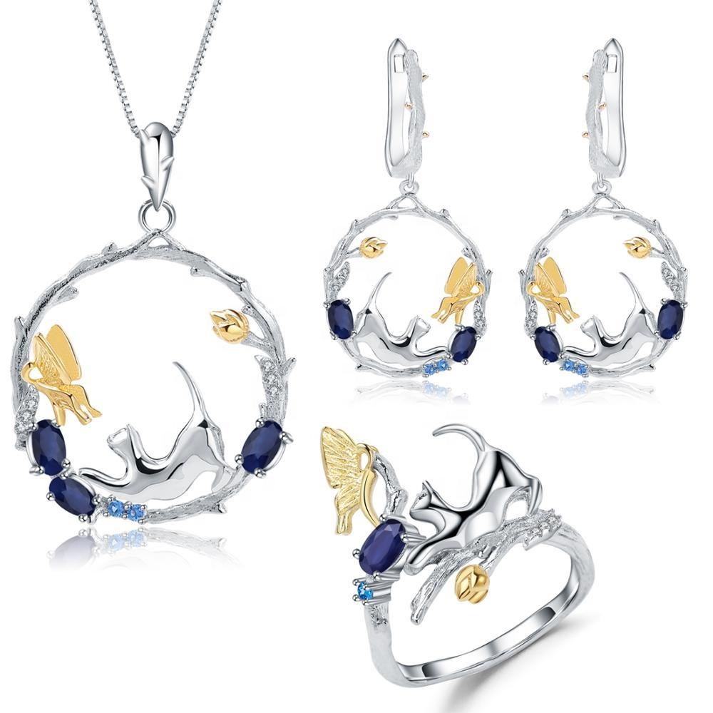 Cat and Butterfly Fine Sterling Silver Jewelry, Genuine Gemstone-Necklace, Earrings, Ring or SET、mySite、g9winljtr