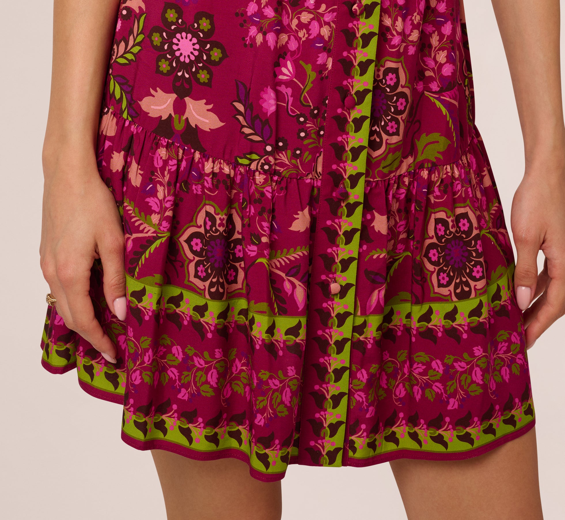 Abstract Print Button Down Dress With Three Quarter Bell Sleeves In Burgundy Multi、mySite、solidvoid