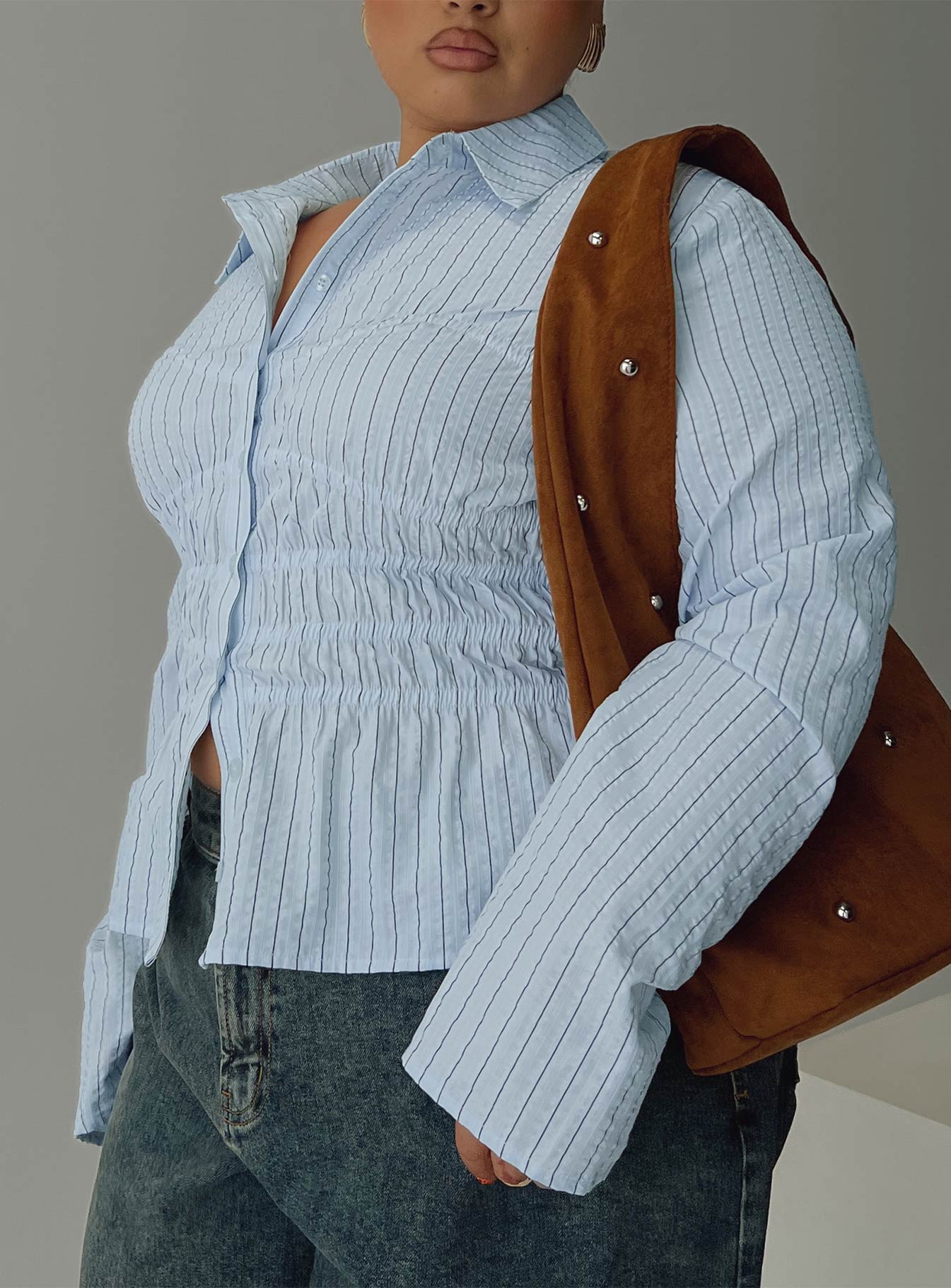 Liesel Shirred Long Sleeve Top Stripe Curve、mySite、solidvoid