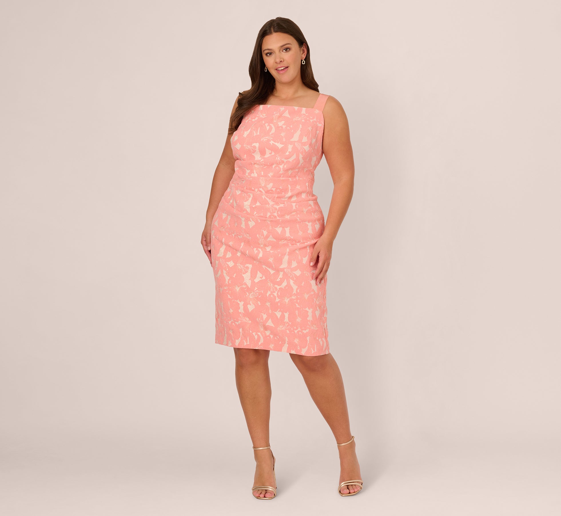 Plus Size Hibiscus Jacquard Sheath Dress With Tucked Details In Light Coral、mySite、solidvoid