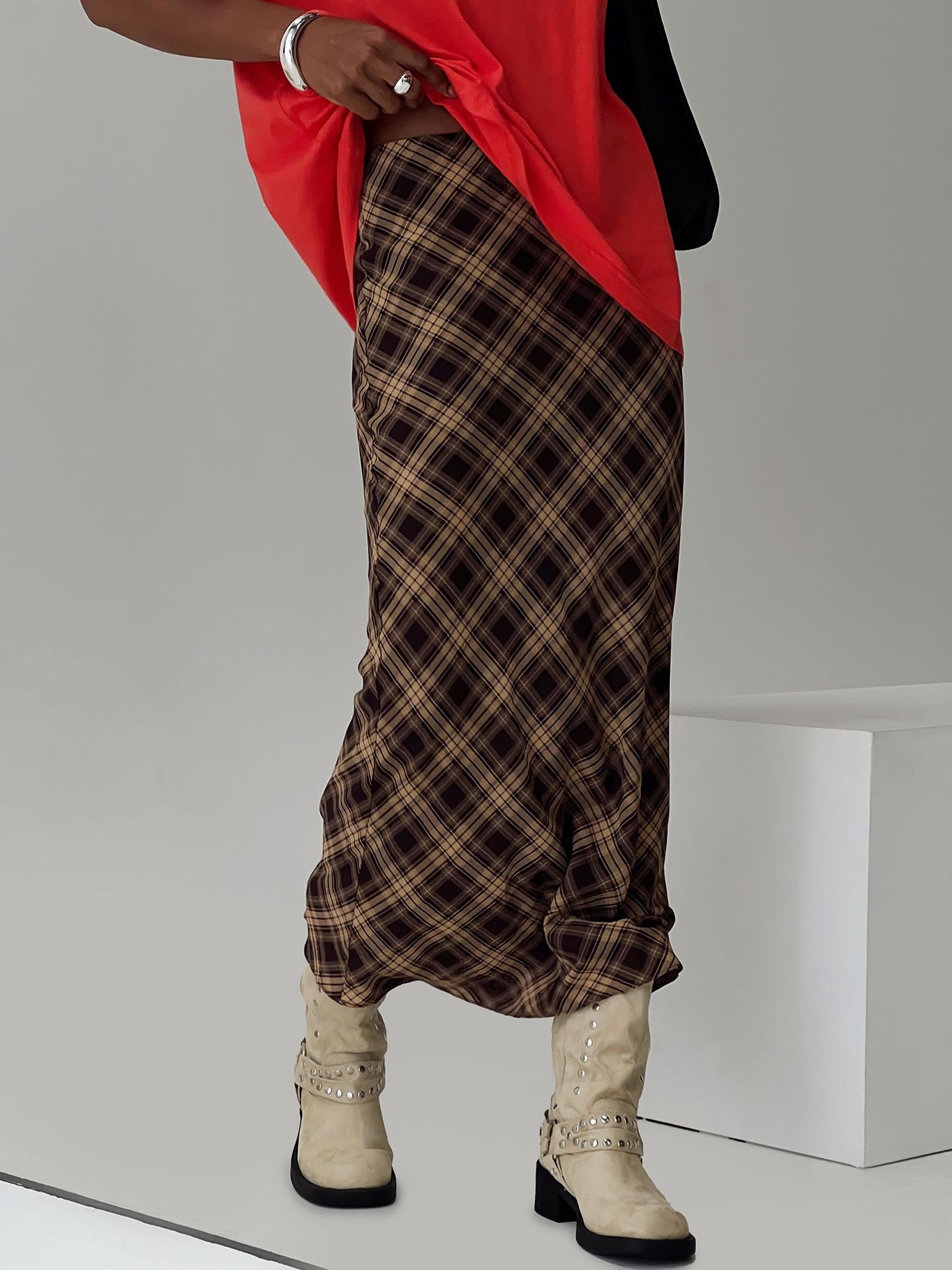 Hayze Maxi Skirt Brown Check、mySite、solidvoid