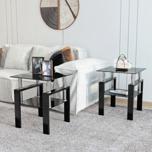 Set of 2, Modern Tempered Glass Tea Table Coffee Table End Table, Square Table for Living Room, Black、、casual