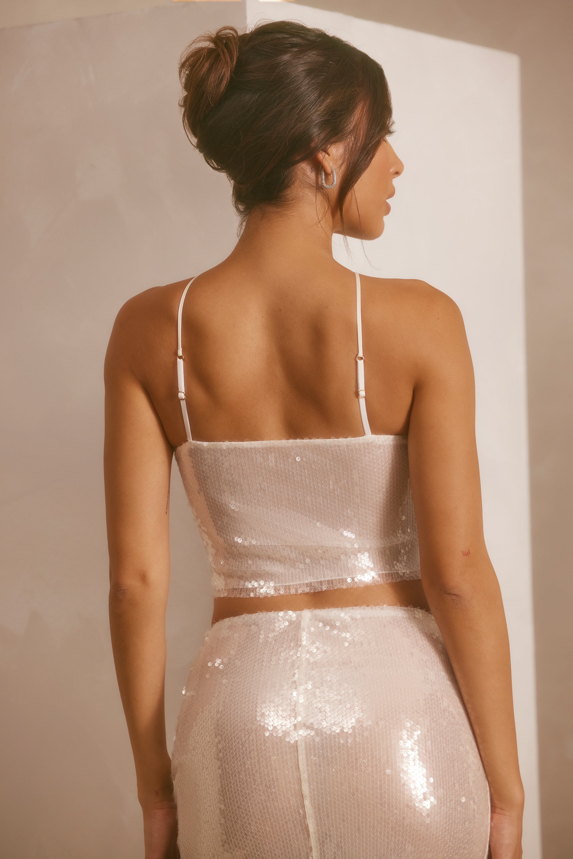 Sheer Sequin Keyhole Cut Out Halter Neck Crop Top in White、mySite、solidvoid