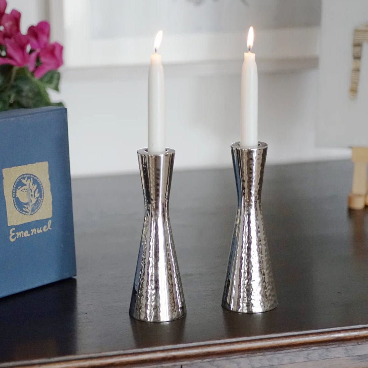 Medium Silver Nickel Hammered Shabbat Candlesticks by Yair Emanuel、mySite、topwebapps