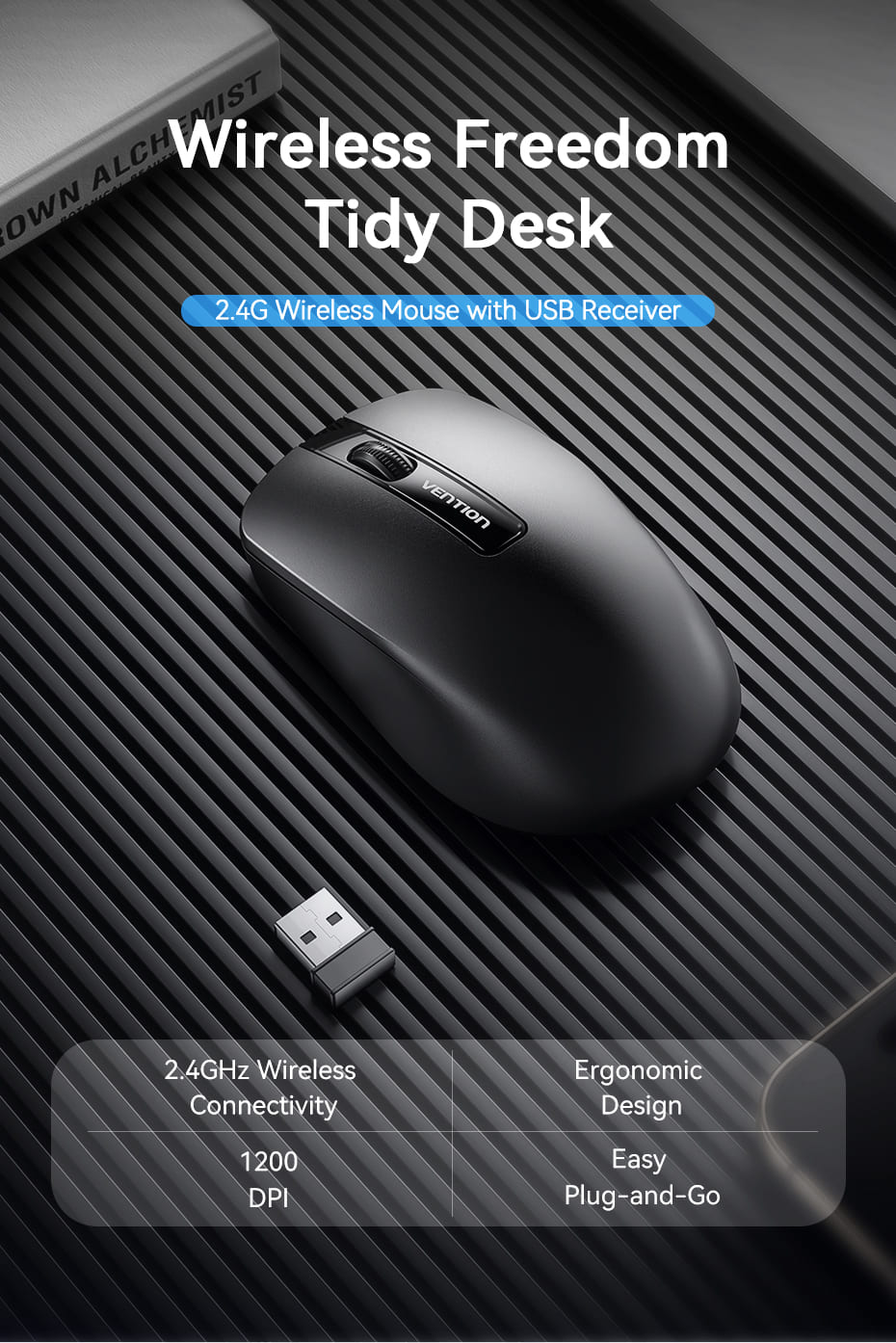 3-Button Wireless Computer Mouse with USB Receiver Black