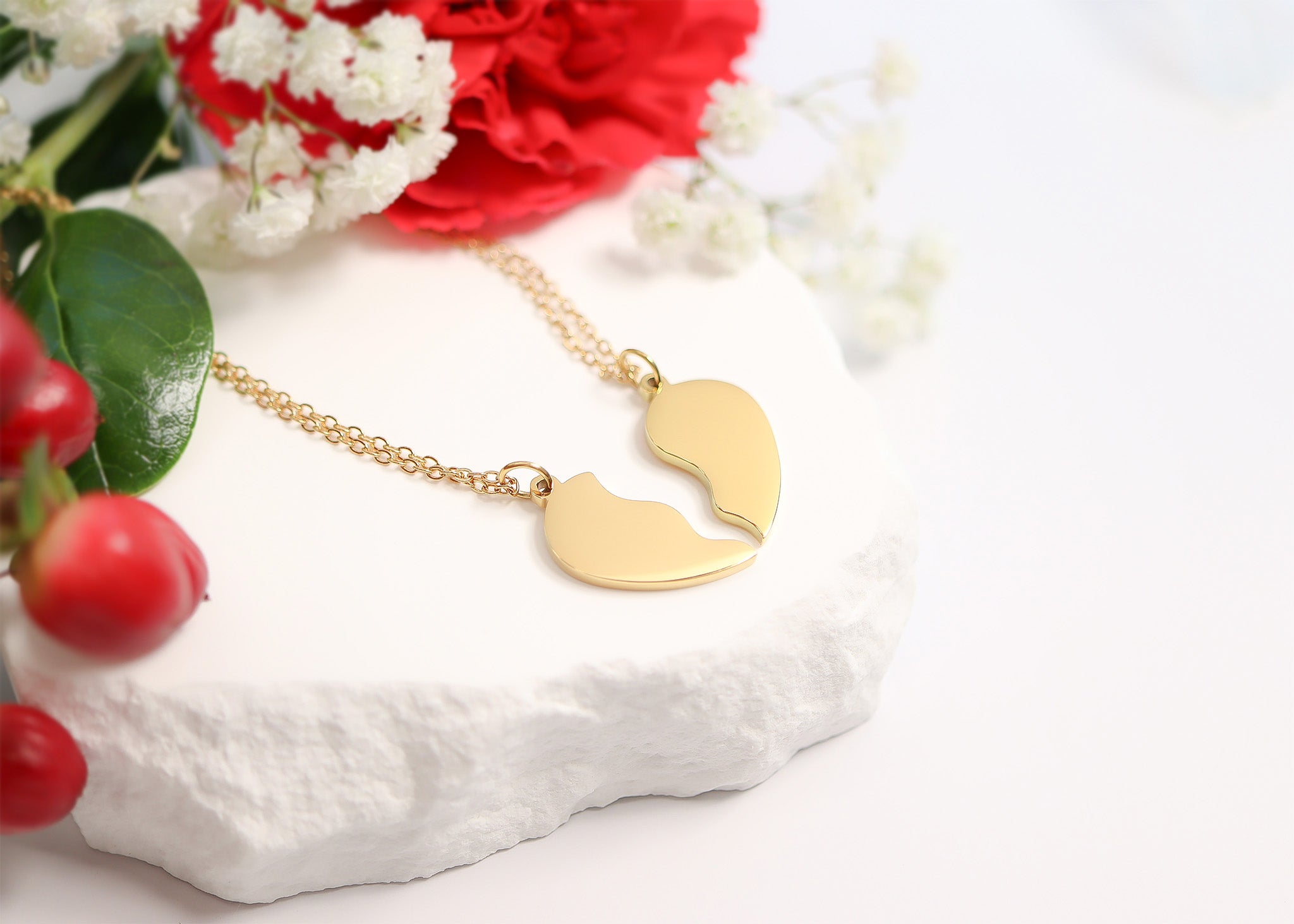 18K Gold PVD Stainless Steel Break Apart Engravable Blank Heart Necklace Set / SBB0282、mySite、dreamappss