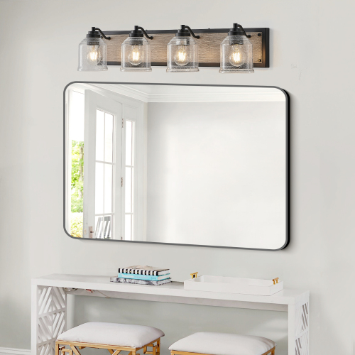 40&quot; Farmhouse Vanity Light Fixture, 5-Light Bathroom Wall Sconce with Clear Seeded Glass Shades, Black and Wood Grain Finish, Modern Industrial Design for Bathroom or Powder Room (No Bulbs)、、eastwooduniform