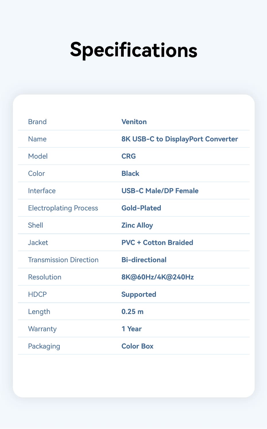 Cotton Braided USB-C to DP 8K Converter 0.25M Black Zinc Alloy Type