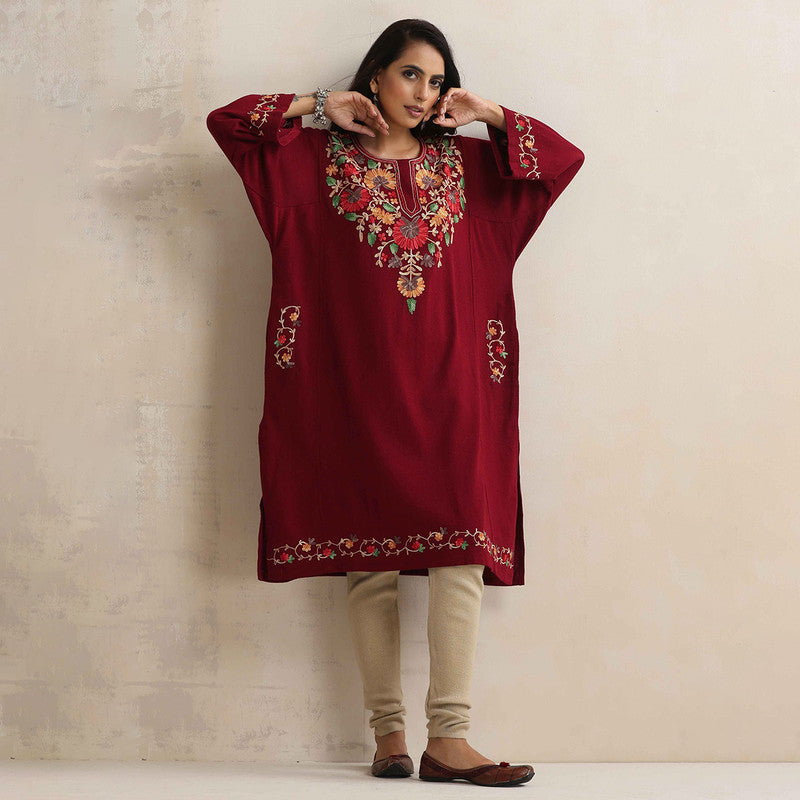Woolen Kurta For Women | Floral Embroidered | Maroon、mySite、camillekostekn