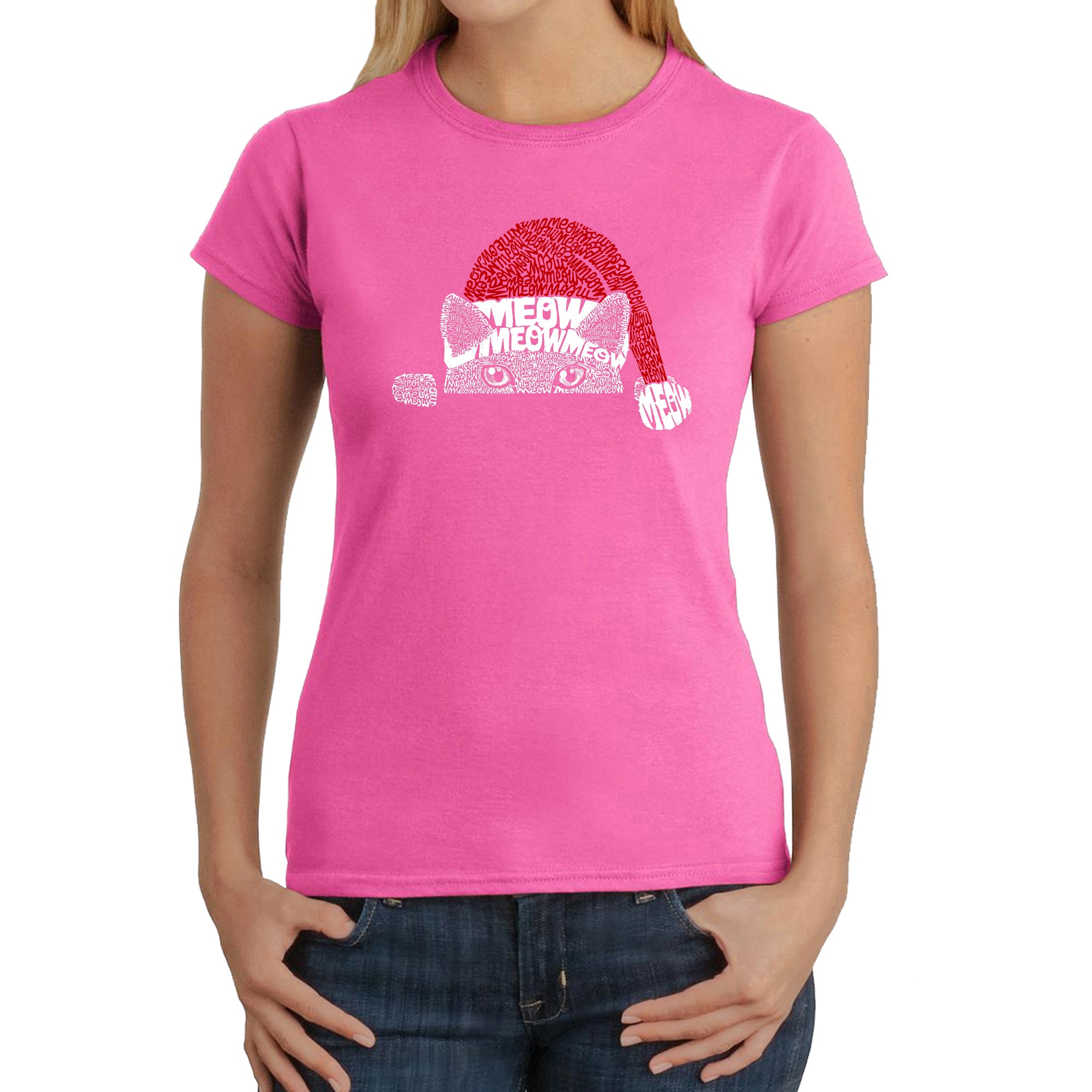 Christmas Peeking Cat - Women's Word Art T-Shirt、mySite、camillekostekn