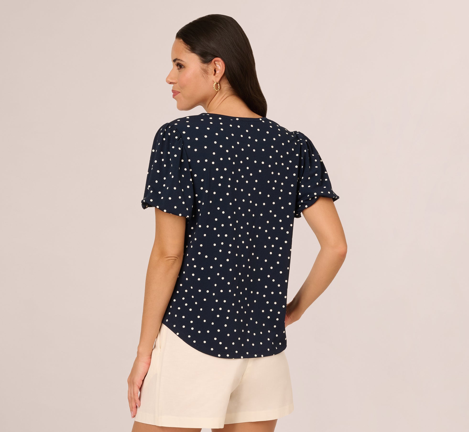 Short Bubble Sleeve Printed Top In Navy Disperse Dot、mySite、solidvoid
