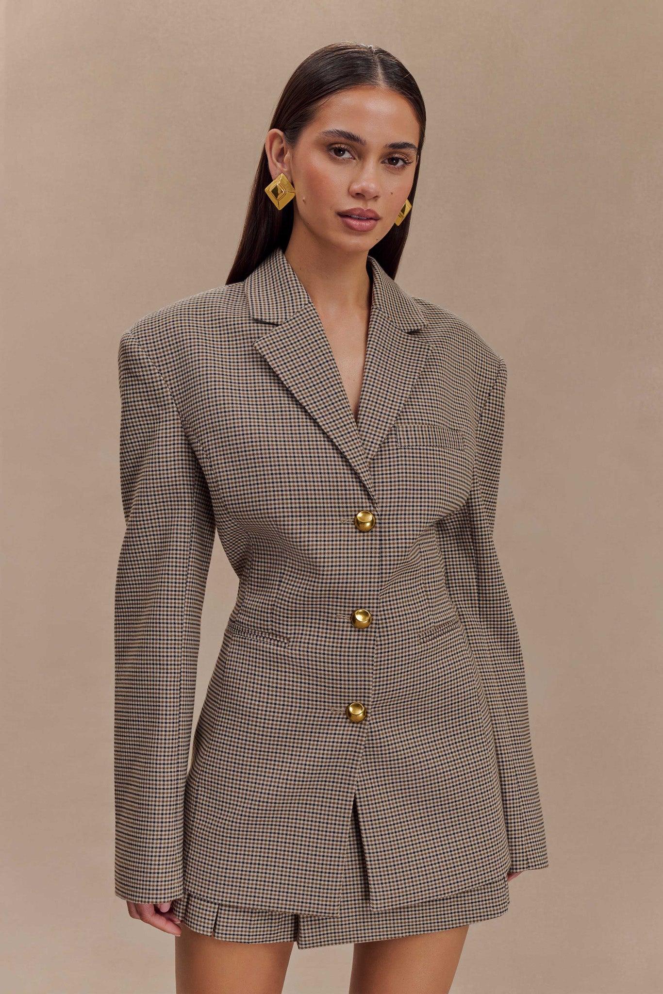 Mila Shaped Blazer - Tan Check、mySite、solidvoid