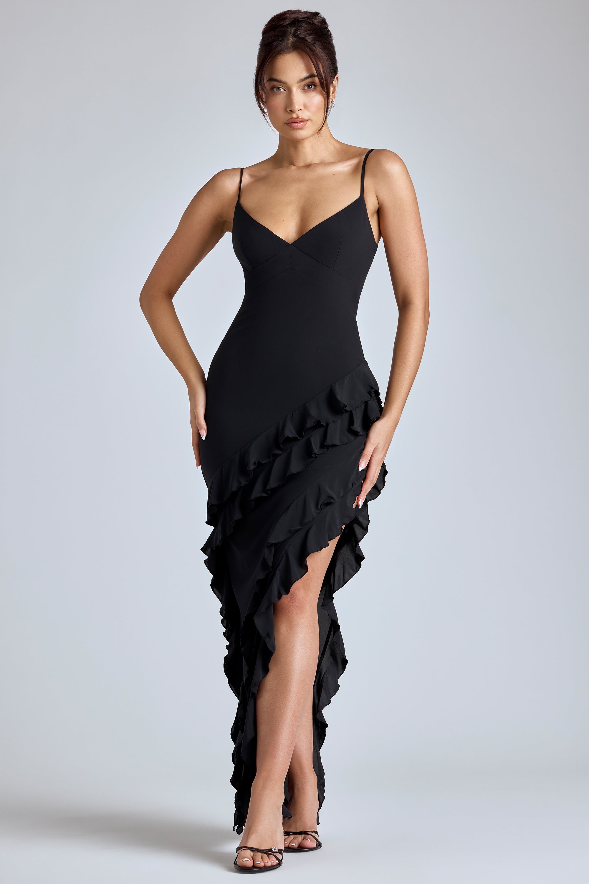 Panelled Ruffle Evening Gown in Black、mySite、solidvoid