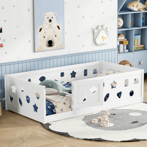 Twin Size Floor Bed with Heightened Safety Guardrails and Door, Solid Wood Bedframe with Rails for Girls, Boys, Teens, Child Bedroom, Kids Playroom, No Slats Included, White、、casual