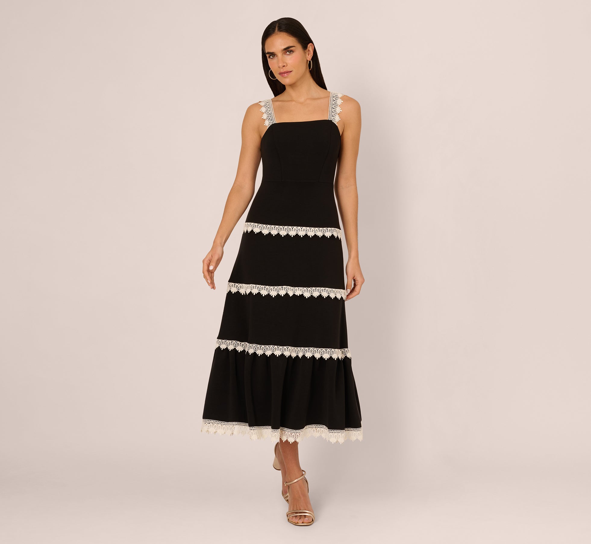 Sleeveless Crochet Lace A Line Midi Dress In Black Ecru、mySite、solidvoid