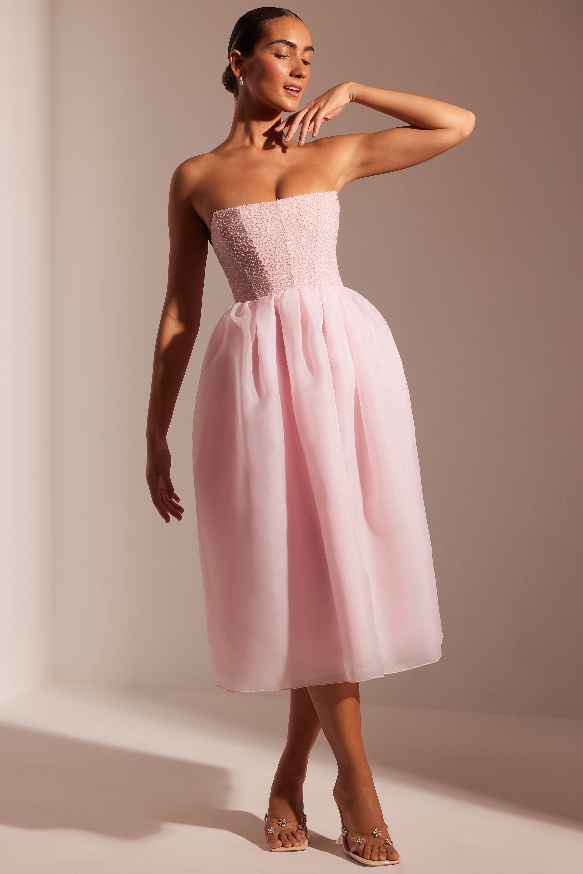Embellished Corset Tulle Skirt Midi Dress in Blush、mySite、solidvoid