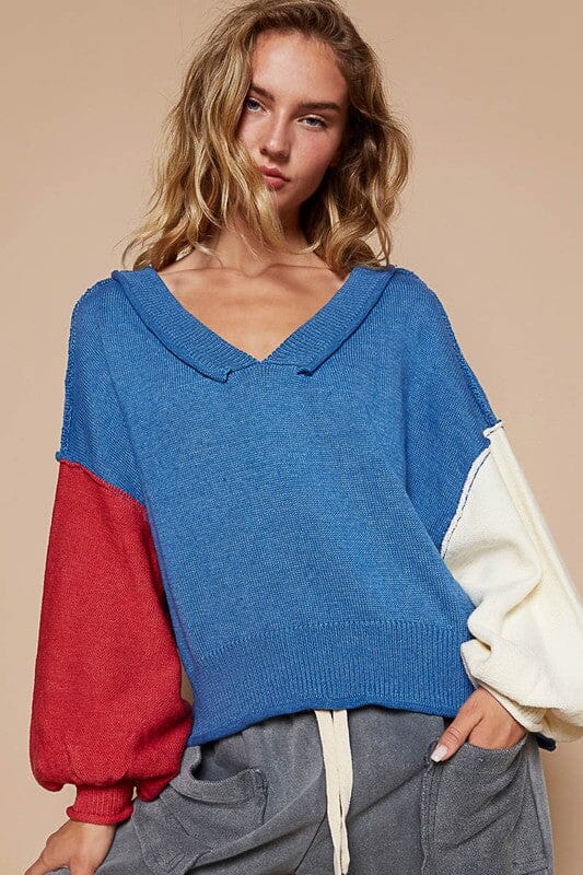 POL Exposed Seam Contrast V-Neck Lantern Sleeve Sweater、mySite、camillekostekn