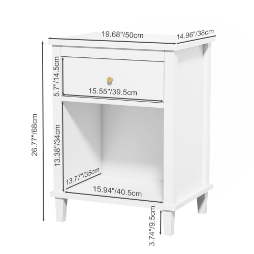 26.77''H Wooden Nightstand with One Drawer One Shelf for Kids, Adults, White+Golden handle、、casual