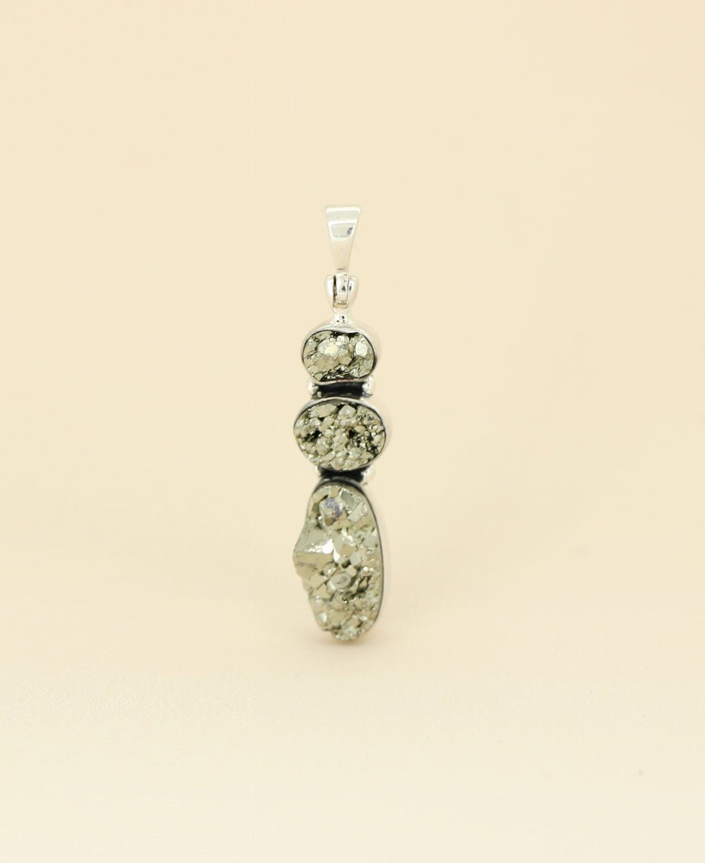 Sterling Silver Triple Stone Pyrite Cluster Gemstone Pendant、mySite、topwebapps