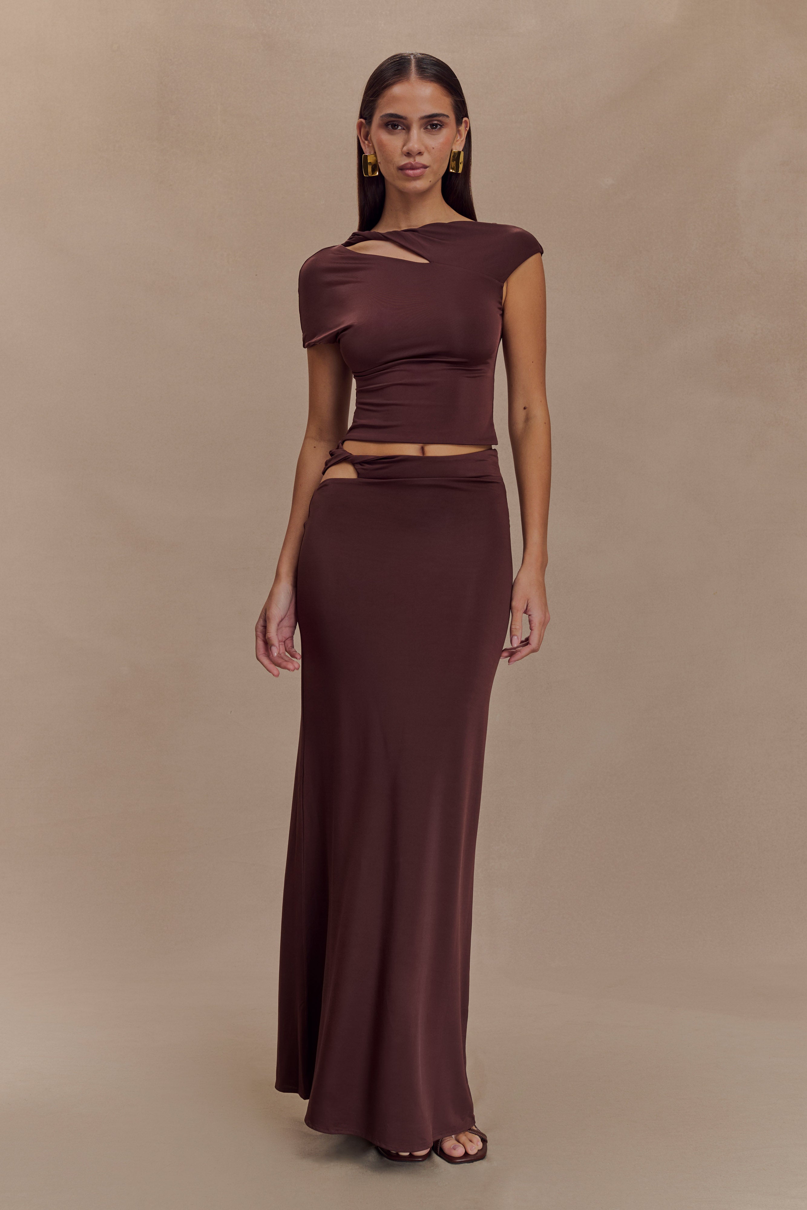 Haven Slinky Twist Midi Skirt - Chocolate、mySite、solidvoid