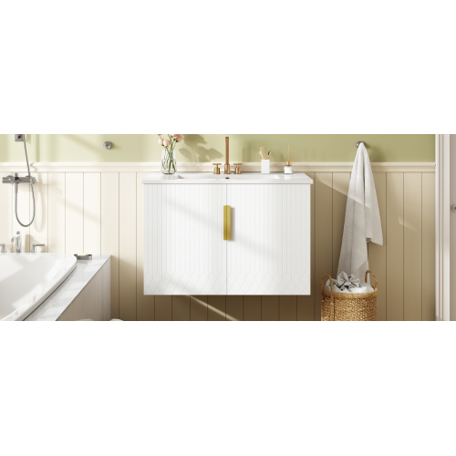 30" Vintage Bathroom Vanity with Ceramic Sink, with 3 Holes Single Ceramic Sink, Bathroom Storage Vanity Cabinet with 2 Soft Closing Doors、、xpatfood