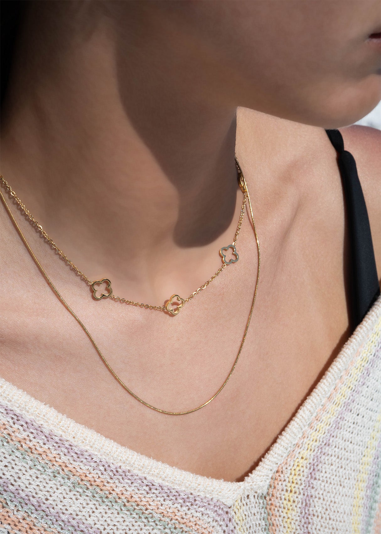 18K Gold PVD Stainless Steel Layered Clover Charm Necklace / CHN0020、mySite、dreamappss