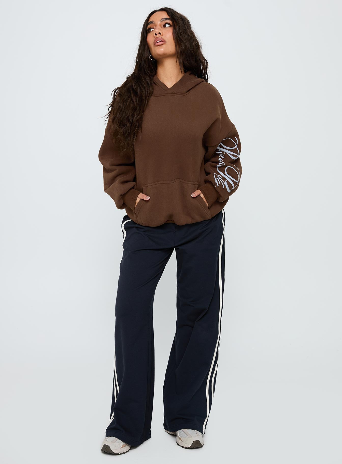 Princess Polly Script Text Graphic Hoodie Brown / Blue、mySite、solidvoid