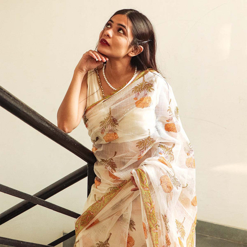 Kota Doria Saree | Handblock Printed | White、mySite、camillekostekn