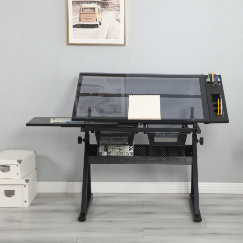 black adjustable tempered glass drafting printing table with chair、、casual