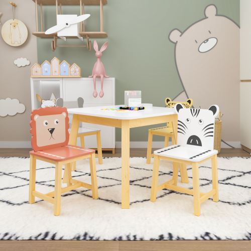 Kids Table and 2 Chairs Set, 3 Pieces Toddler Table and Chair Set, Wooden Activity Play Table Set (Lion&Monkey)、、casual