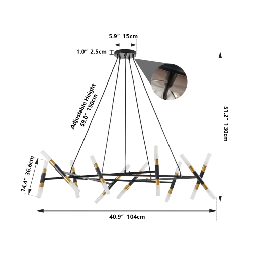 41" White & Golden Modern Chandelier Light Fixture, Branch Design with Frosted Tubes, Black Cords, Adjustable Height Pendant Light for Dining Room, Living Room, or Kitchen Island (Bulb Not Included)、、eastwooduniform