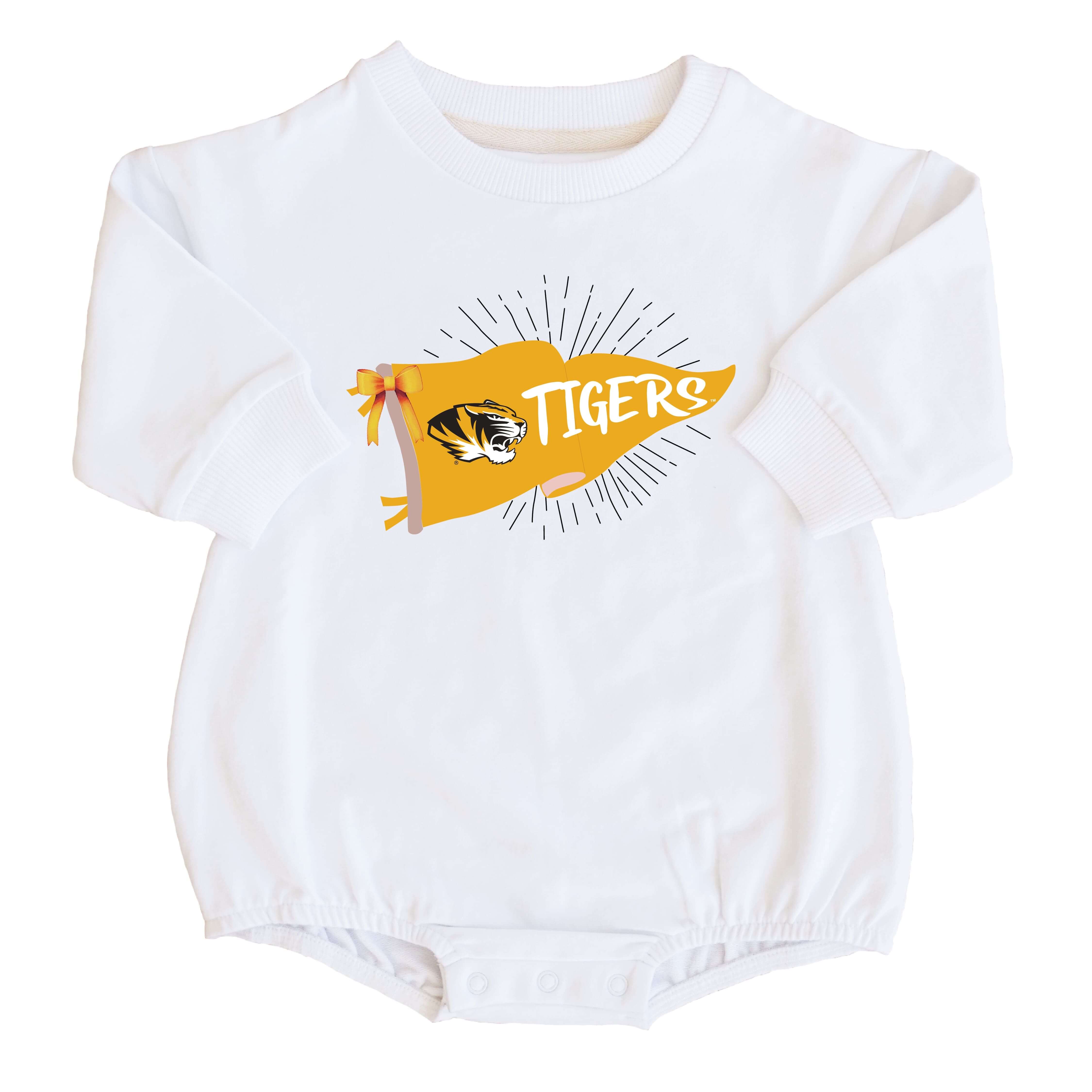  University of Missouri | Footballs & Bows Graphic Sweatshirt Bubble Romper、mySite、layawaytickets