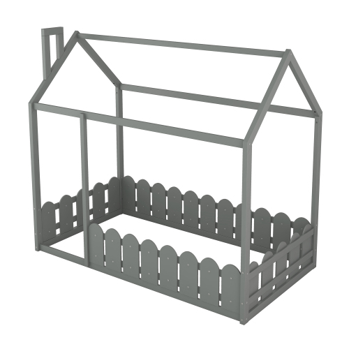 {Slats are not included}Twin Size Wood Bed House Bed Frame with Fence,for Kids,Teens, Girls,Boys {White}{OLD SKU:WF194274AAK}、、casual