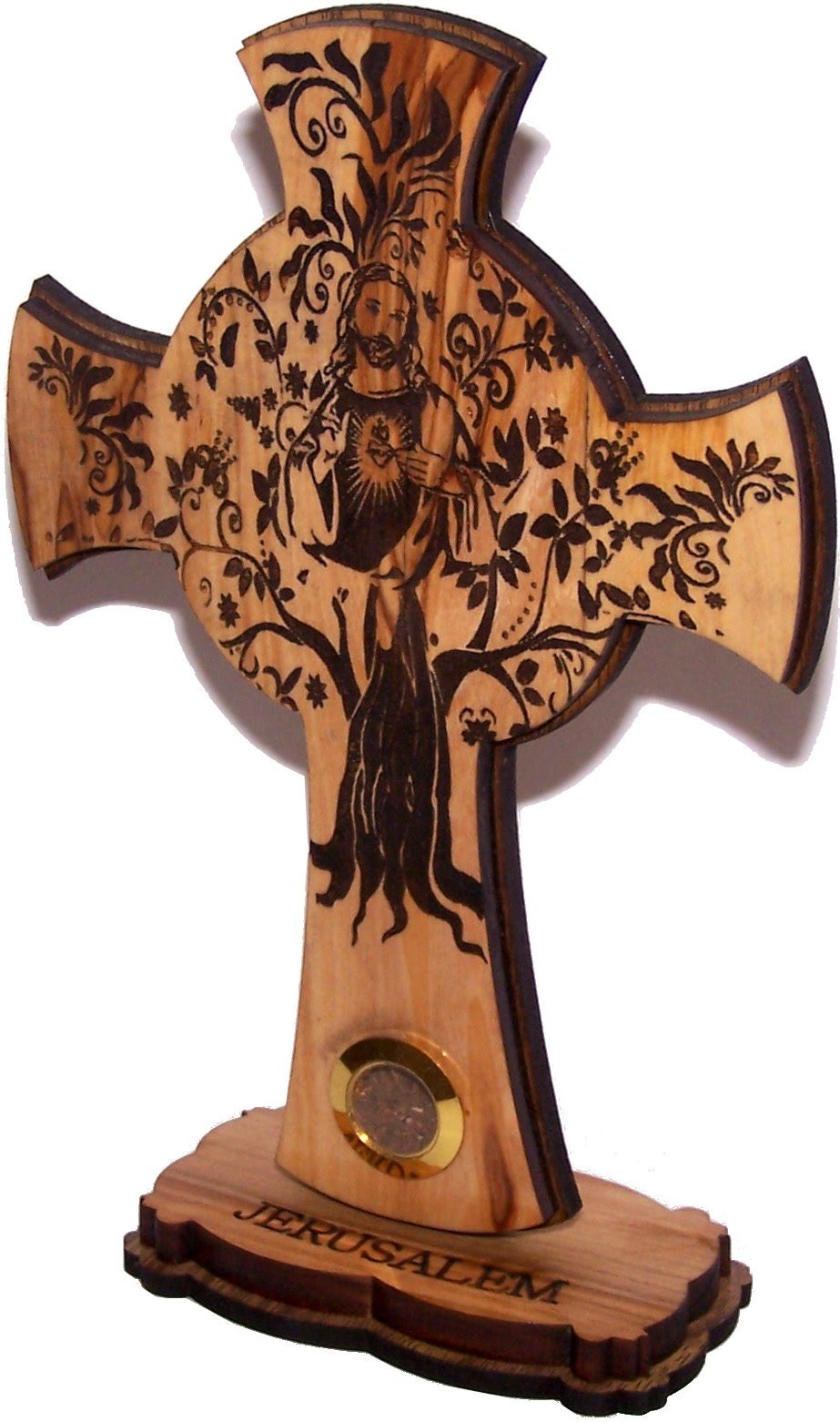 Holy Land Market Sacred Heart of Jesus with Jerusalem Sample Layered Olive Wood Cross Carved by Laser - Standing (12 cm or 5 inches) Small/Certificate、mySite、topwebapps