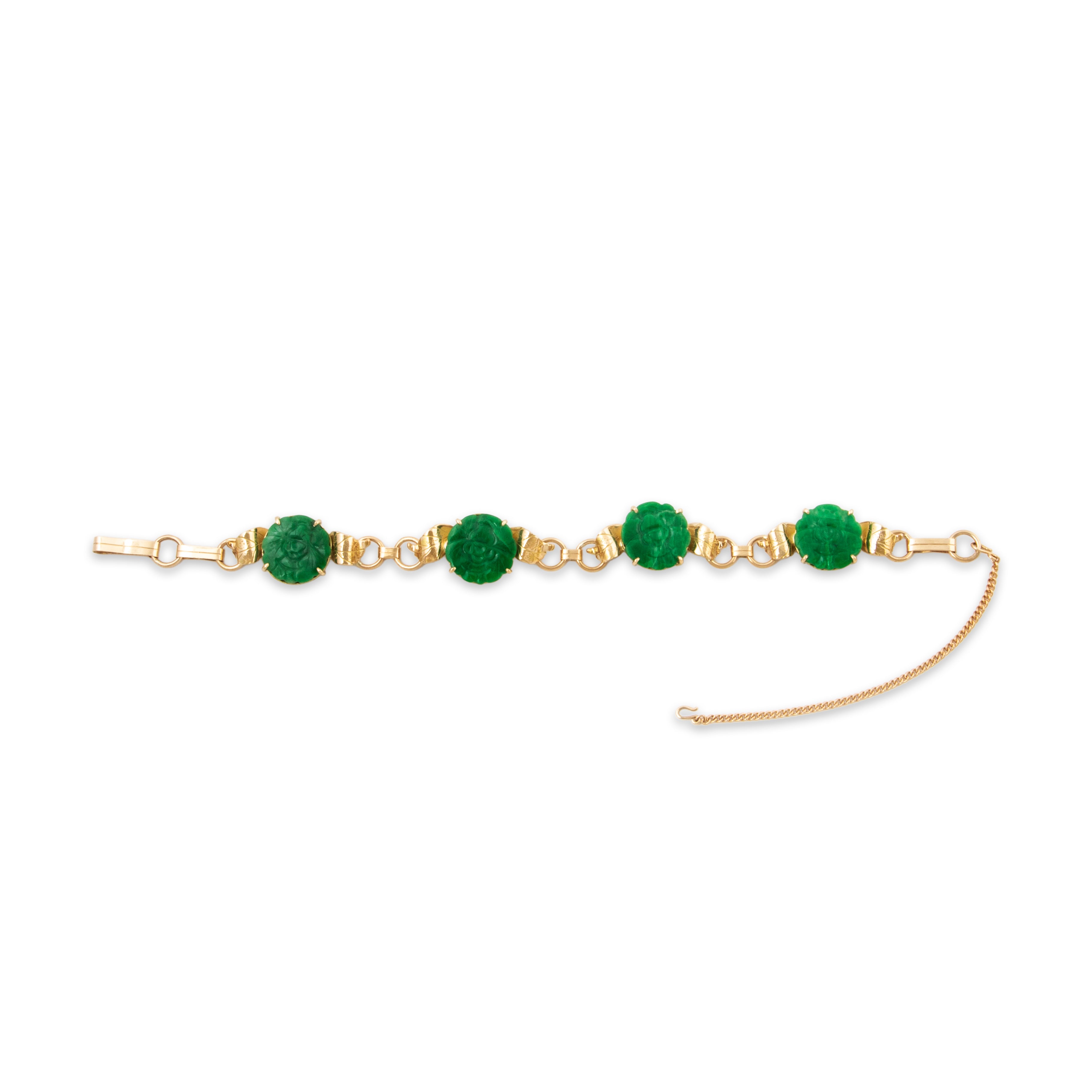 Vintage Ming's Heavy 14k Yellow Gold 19cttw Jade Carved Blossoms Bracelet 6.75、mySite、hinf8tx79