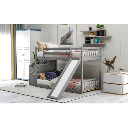 Twin over Twin Bunk Bed with Convertible Slide and Stairway, Gray、、casual