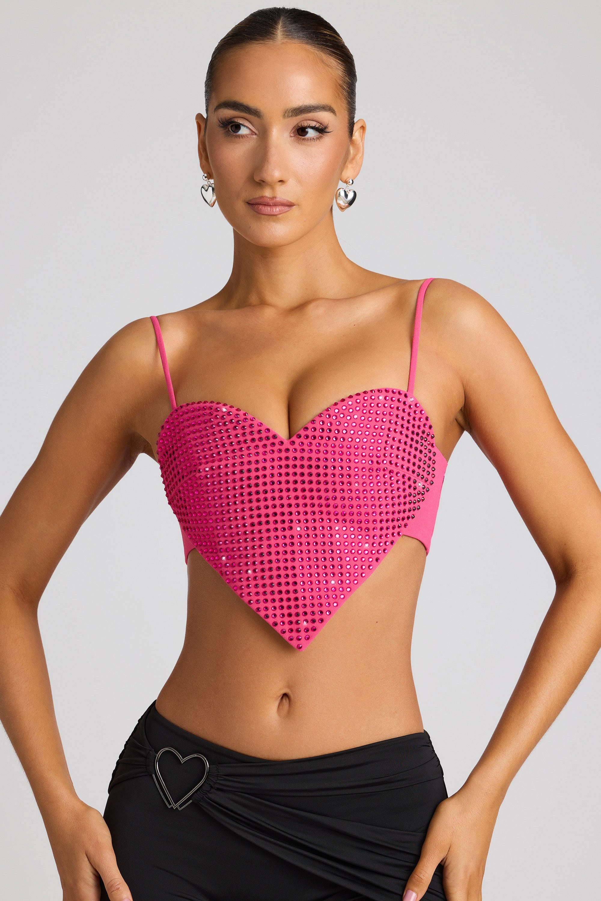 Embellished Heart Detail Crop Top in Magenta、mySite、solidvoid