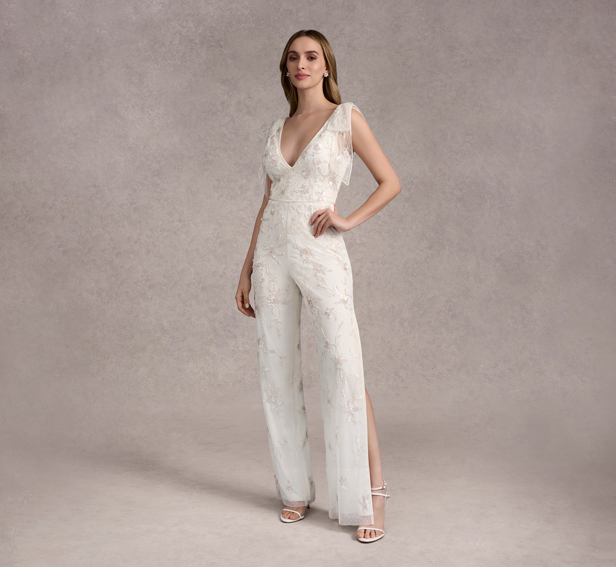 Hand Beaded Mesh On Swiss Dot Jumpsuit In Ivory/Ivory In Ivory Ivory、mySite、solidvoid