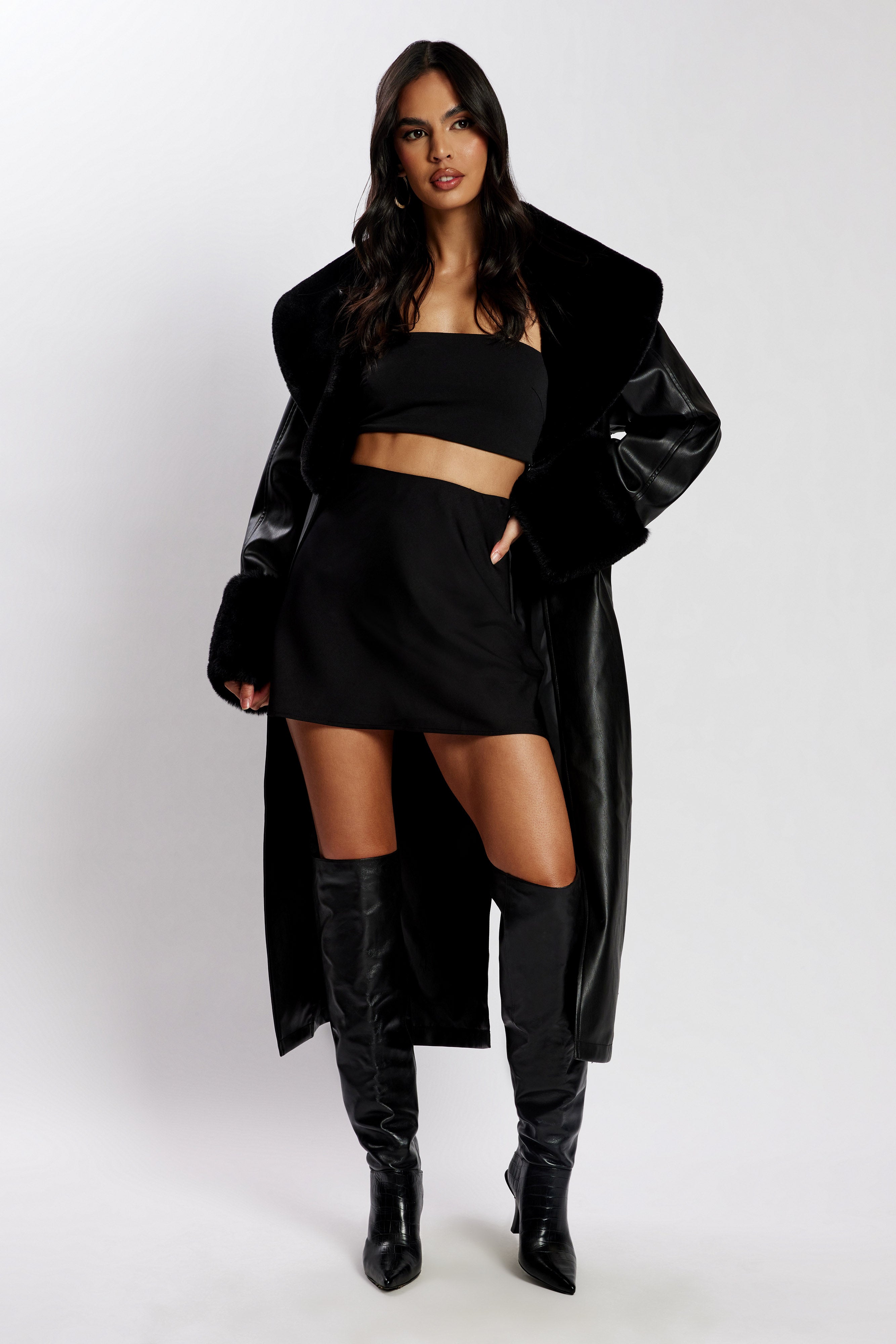 Rebekah Oversized Pu Trench Coat With Fur Trim - Black、mySite、solidvoid