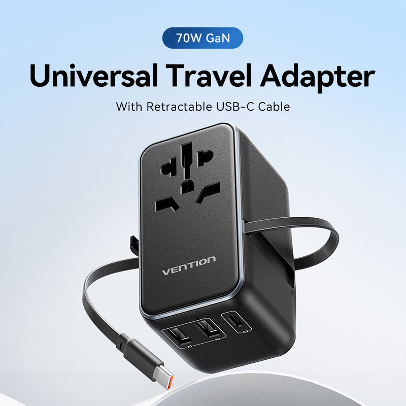 Vention 3-Port USB (C + A + A) GaN Universal Travel Adapter (65W/60W/5W) with Built-in USB-C Cable Black、mySite、fannypackpong