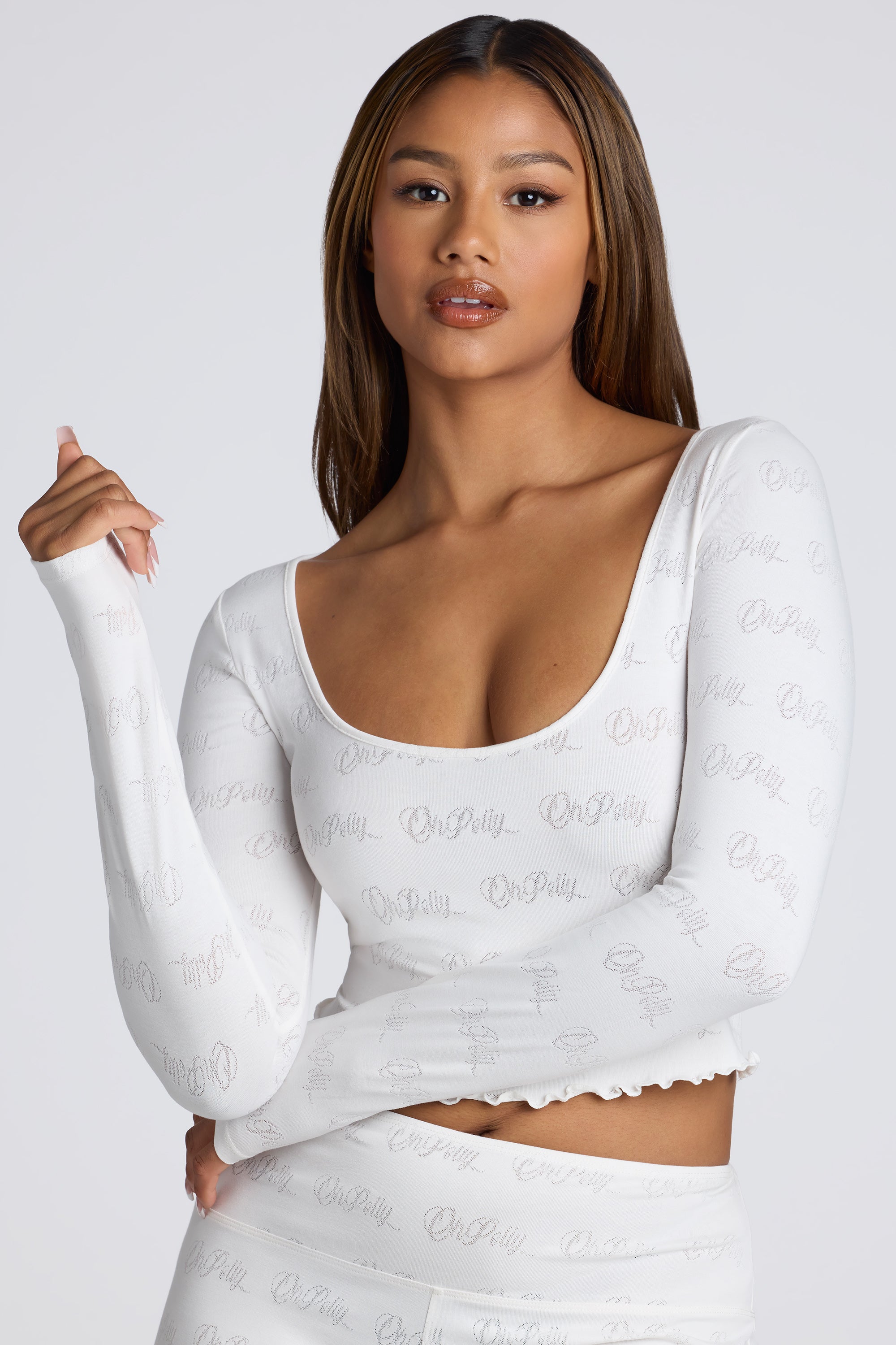 Long Sleeve Scoop Neck Pointelle Crop Top in White、mySite、solidvoid