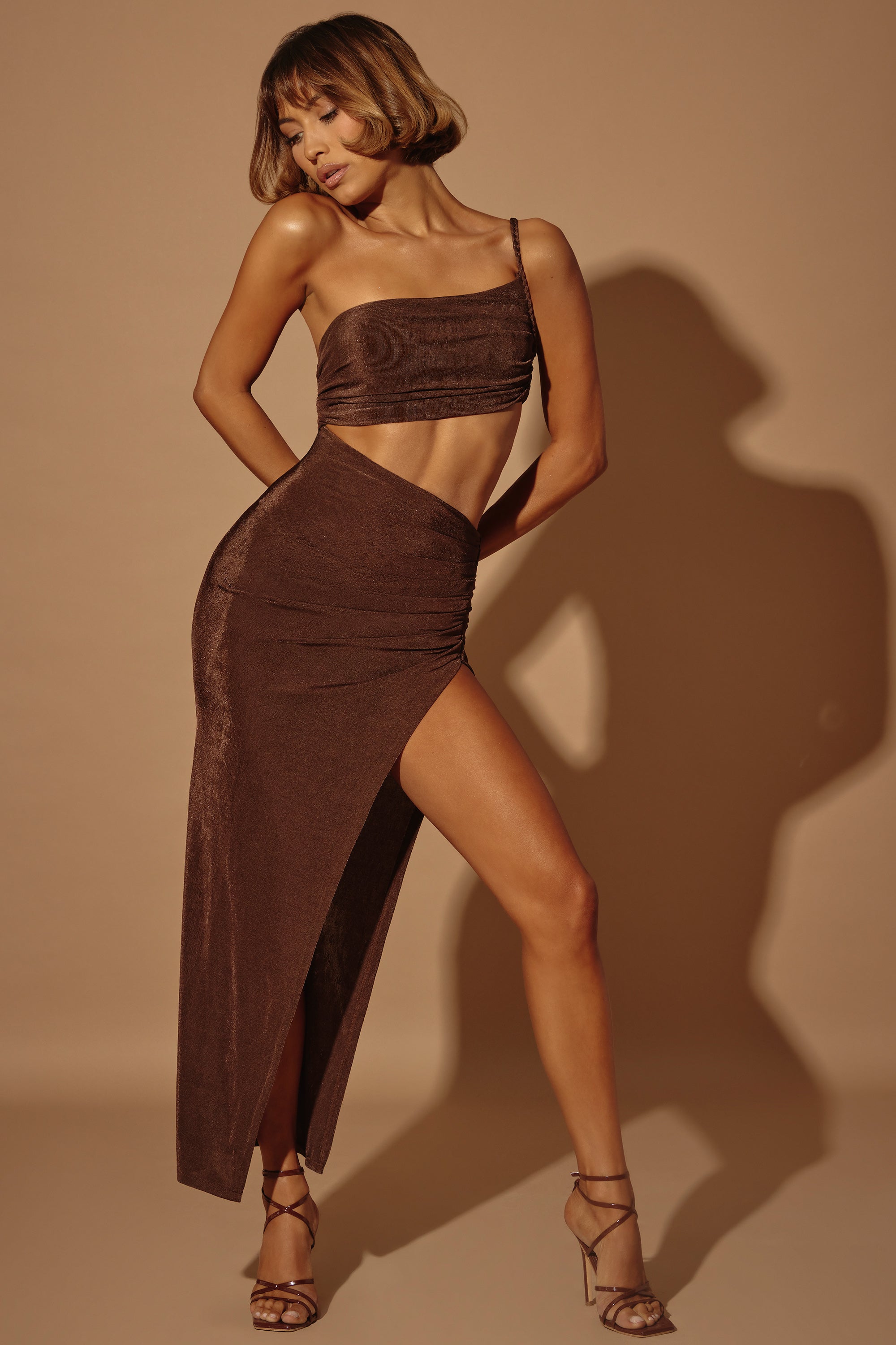 One Shoulder Cut Out Maxi Dress in Brown、mySite、solidvoid