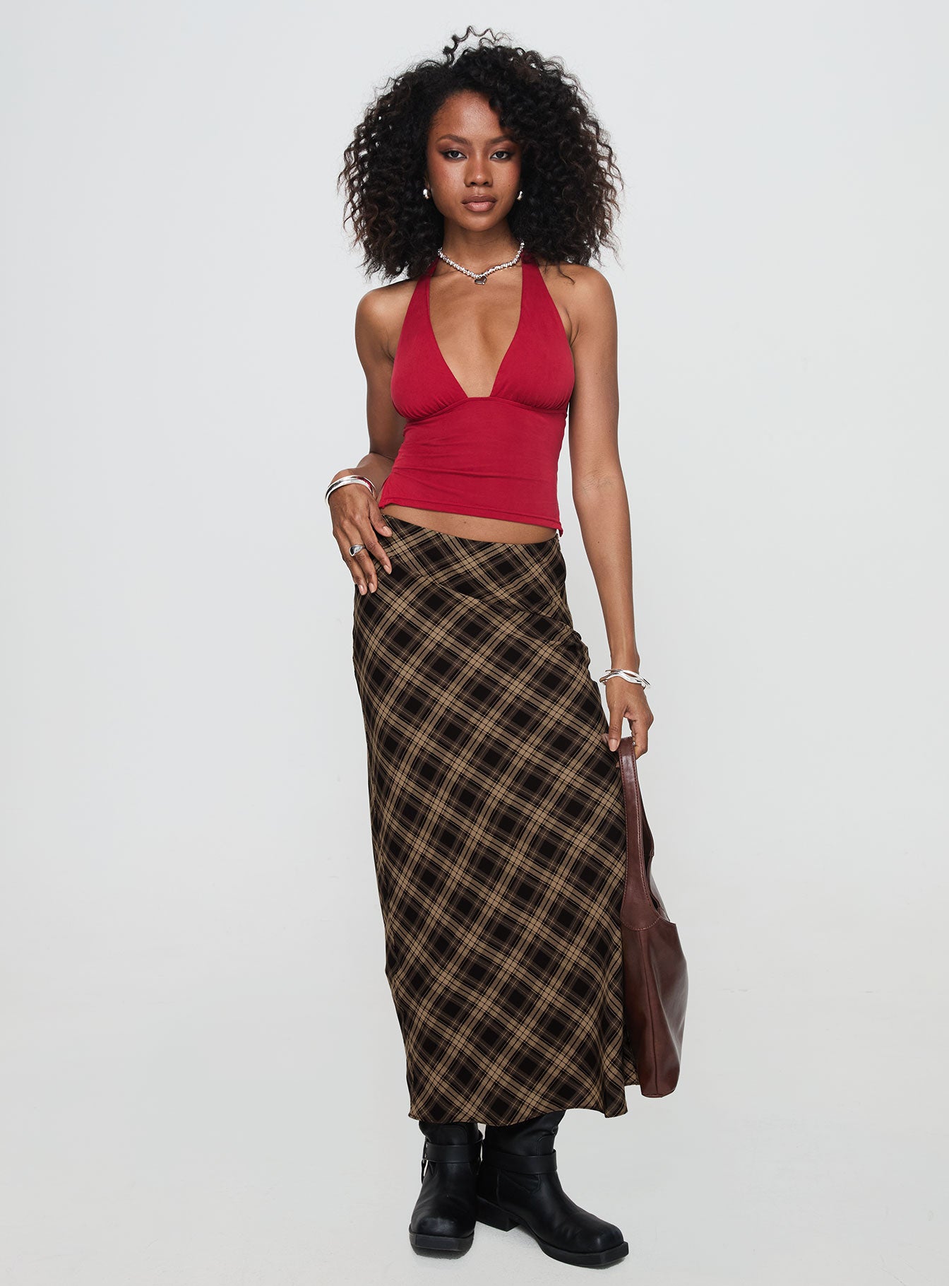 Hayze Maxi Skirt Brown Check、mySite、solidvoid