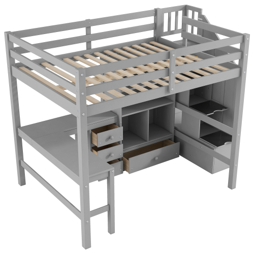 Twin Size Loft Bed with L-Shaped Desk and Drawers, Cabinet and Storage Staircase, White、、casual