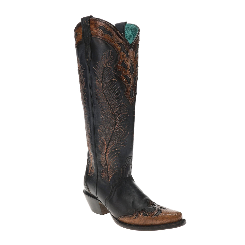 Honey Feather Crackled Embroidered Tooled Inlay Studded Snip Toe Cowboy Boots、mySite、gtrtttuynbv