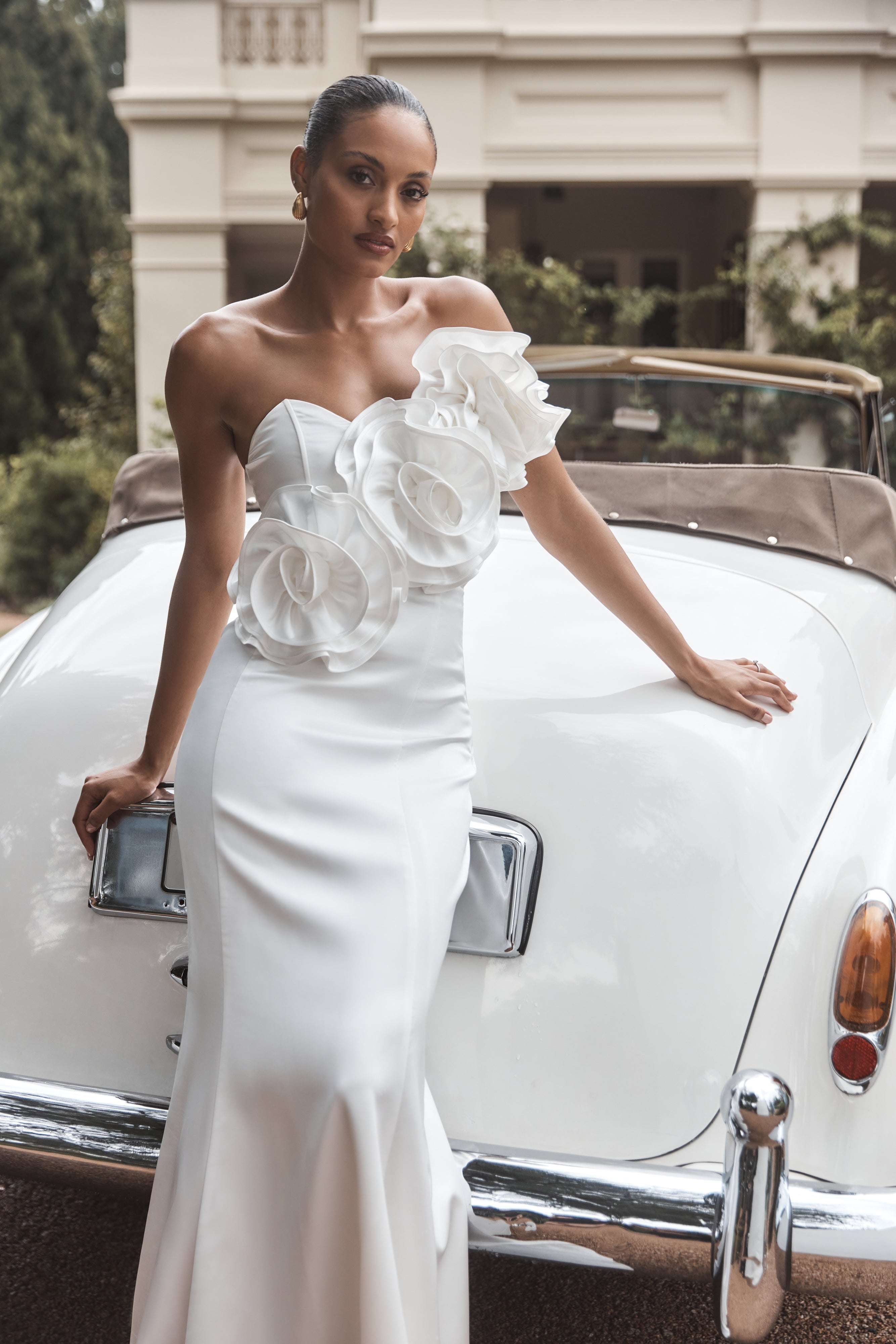 Olivia Strapless Satin Rose Wedding Gown - White、mySite、solidvoid