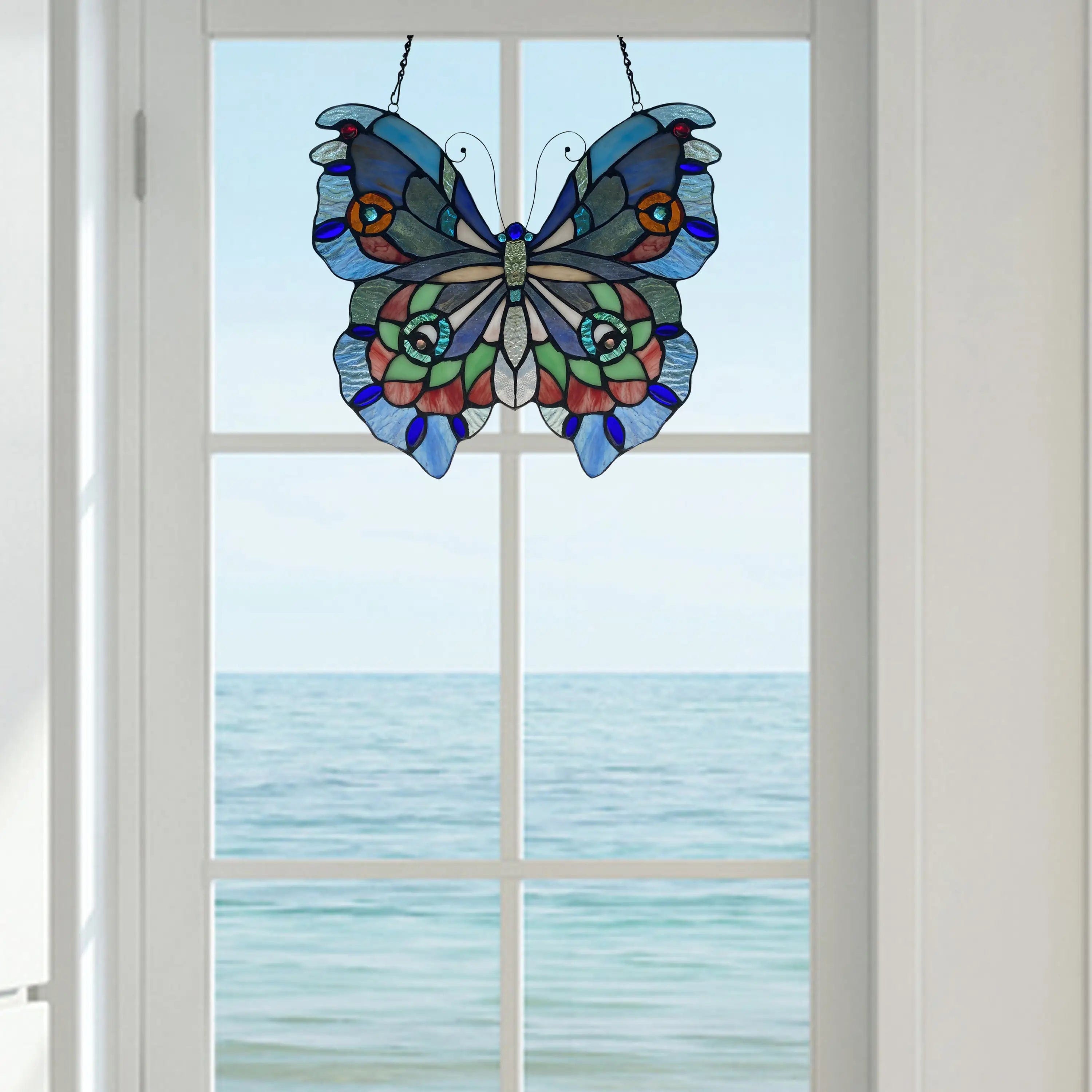 Blue or Colorful Butterfly Tiffany Style Stained Glass Window Hanging 12.5、mySite、g9winljtr