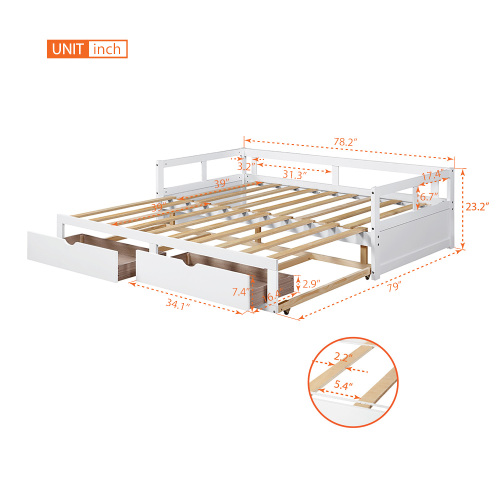 Wooden Daybed with Trundle Bed and Two Storage Drawers , Extendable Bed Daybed,Sofa Bed for Bedroom Living Room,White、、casual