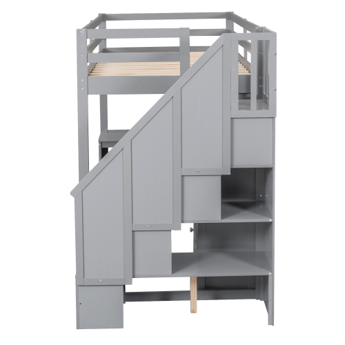 Twin Size Loft Bed with L-Shaped Desk and Drawers, Cabinet and Storage Staircase, White、、casual