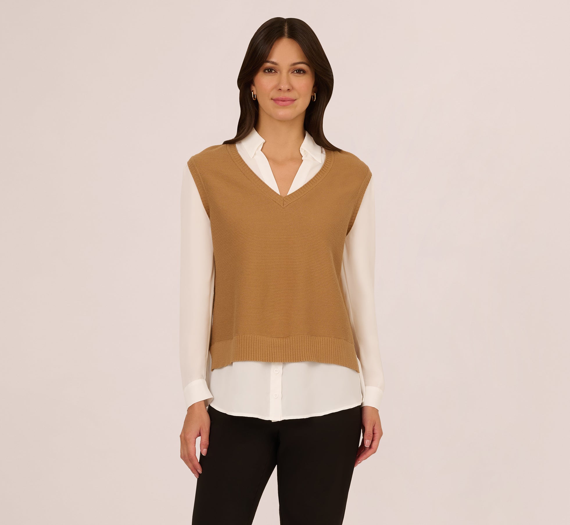 Sweater Vest Collared Twofer Shirt In Camel Ivory、mySite、solidvoid